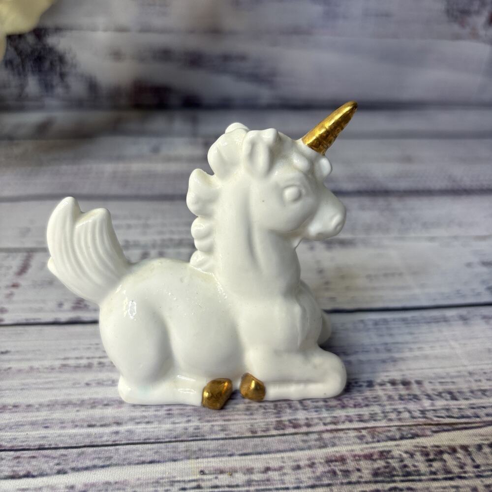Vintage White Bone China Miniature Unicorn Figurine Gold Horn
